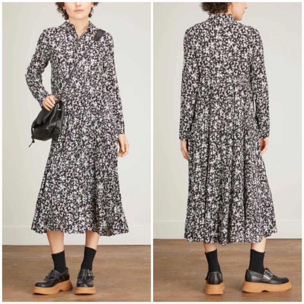 💕GANNI💕 Printed Crepe Layer Midi Dress ~ Viscose Black Floral Print 36 EU - Picture 7 of 16